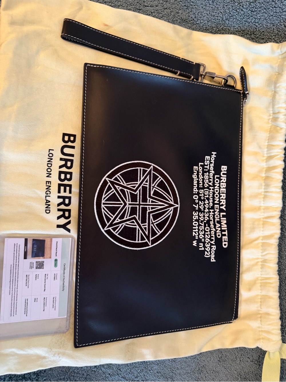 Burberry Black Leather Wristlet with White Embroidered Emblem